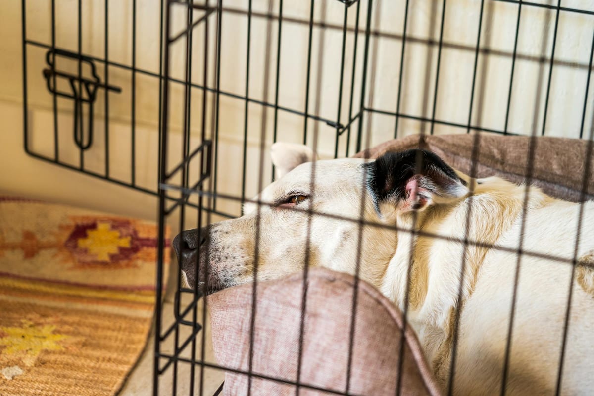 A dog resting comfortably inside its crate
